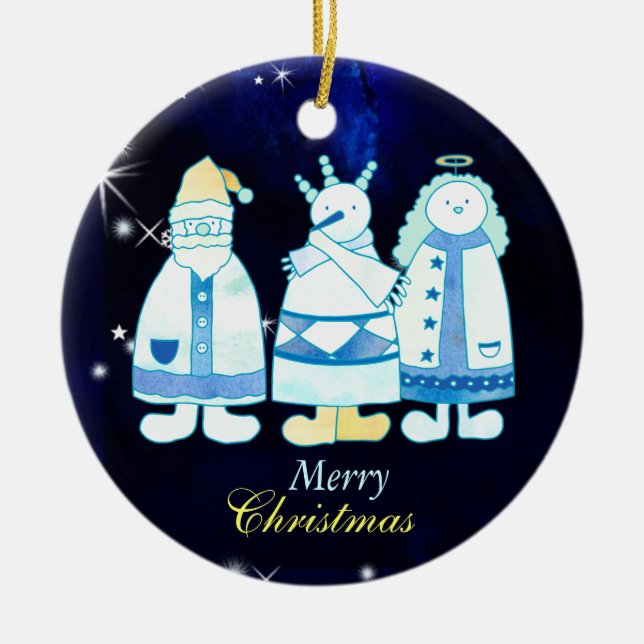 Sankt-Schneemann-Engels-blauer Weihnachtsbaum Keramikornament (Vorne)