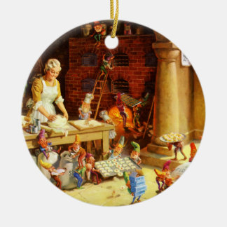 Sankt u. Frau Klaus u. die Elfe backen Plätzchen Keramikornament