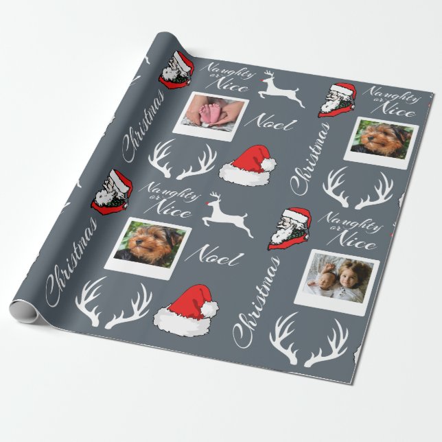 Sankt- u. Ren-Weihnachtsfamilien-Fotos Geschenkpapier (Ungerollt)