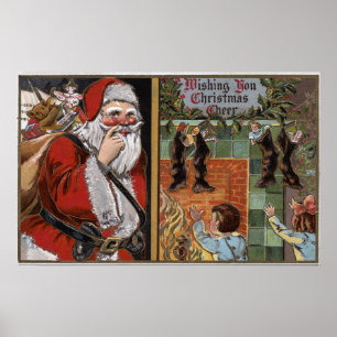 Sankt und Kinder, die oben Kamin schauen Poster