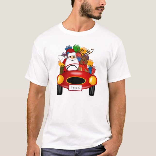 Sankt und Ren im Sportwagen mit Geschenken T-Shirt (Vorderseite)