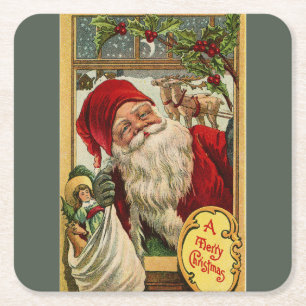Santa am Fenster mit Tasche von Spielzeug Rechteckiger Pappuntersetzer