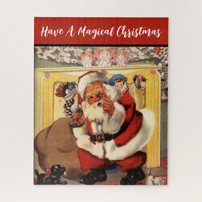 Santa am Kamin mit Puppen Vintage Retro (Vertikal)