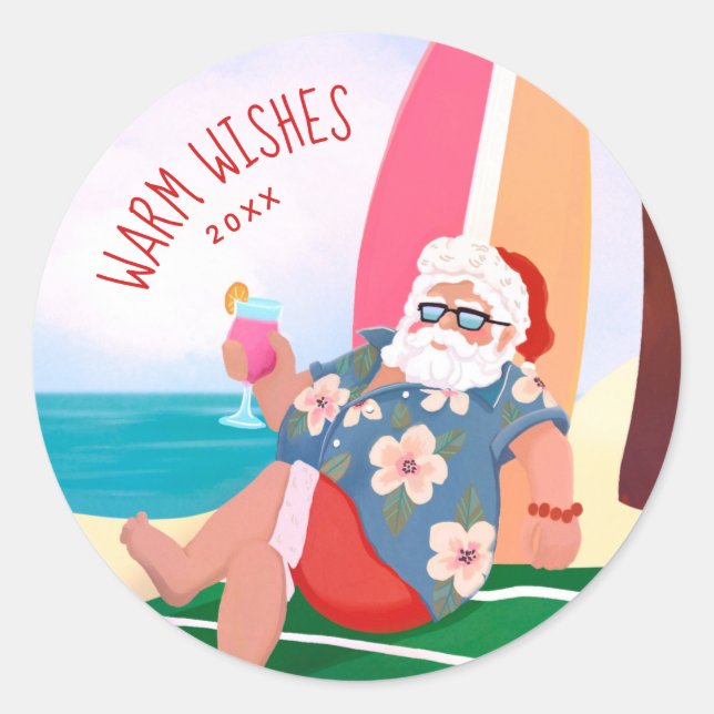 Santa an Beach Sommer Urlaub Warme Wünsche Runder Aufkleber (Vorderseite)