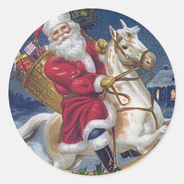 Santa an einem weißen Pferd Runder Aufkleber (Vorderseite)