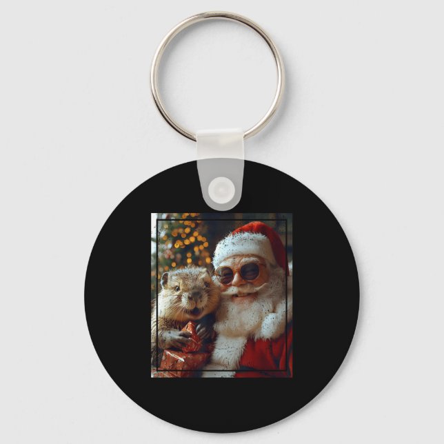 Santa And Beaver Selfie Funny Christmas Design  Schlüsselanhänger (Vorderseite)