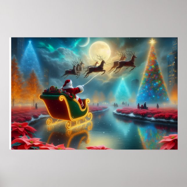 Santa and His Reindeer Flying in the Sky Poster (Vorne)