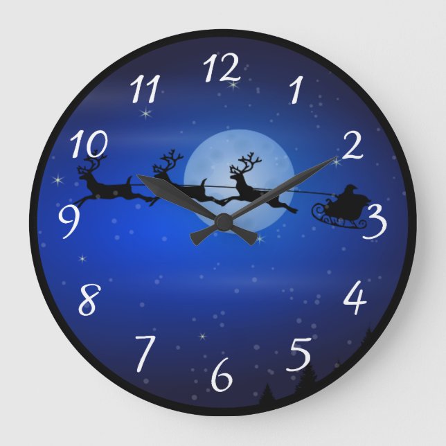 Santa and his reindeers flying at night große wanduhr (Vorderseite)
