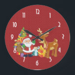 Santa and Reindeer by Christmas Tree with Presents Große Wanduhr<br><div class="desc">A cute illustration with the holiday spirit. Santa Claus carrying his gift sack and waving hello. His reindeer  friend by his side,  hanging out by a decorated Christmas tree,  with presents all around. Set on a red  background with whimsical circles. Festive and cheerful design.</div>