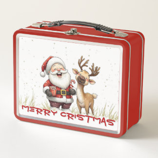 Santa and Reindeer in Festive Cartoon Style Metall Brotdose