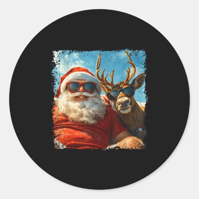 Santa And Reindeer Selfie Funny Christmas Vacation Runder Aufkleber (Vorderseite)