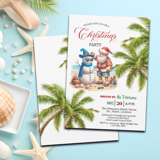Santa and Snowman on the Beach Christmas Party  Einladung (Von Creator hochgeladen)
