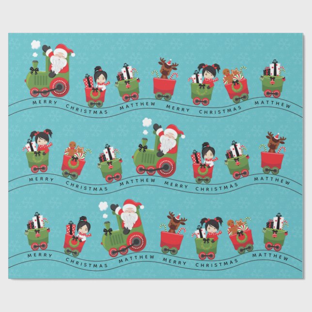 Santa & Asian Girl im Zug Geschenkpapier (Flach)