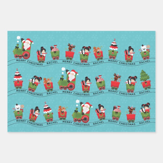 Santa & Asian Girl im Zug Geschenkpapier Set (Vorderseite)