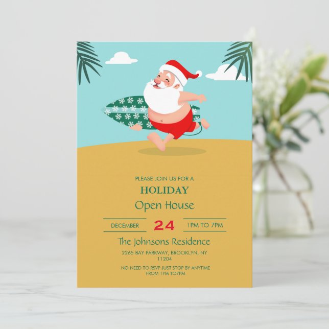 Santa at beach cartoon einladung (Stehend Vorderseite)