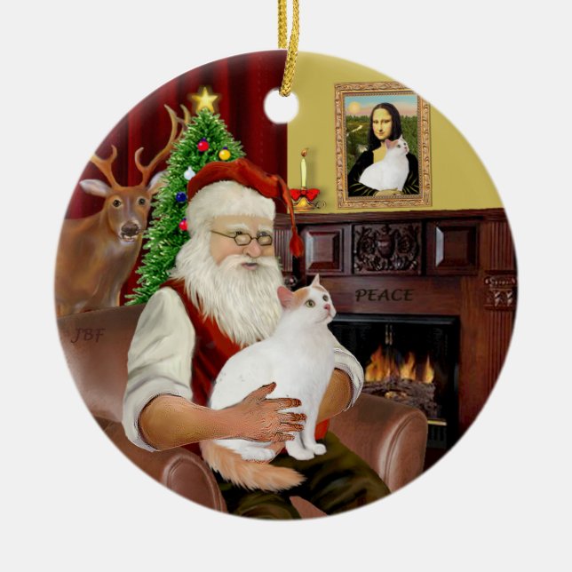 Santa at Zuhause - Türkischer Van Cat Keramikornament (Vorne)
