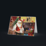 Santa at Zuhause - Welsh Corgi Pup Feiertagskarte<br><div class="desc">Santa auf Zuhause mit seinem walisischen Corgi-Jungtier,  entspannen vor dem Feuer vor der großen Nacht. (Beachten Sie Mona Lisa über dem Mantel.)</div>