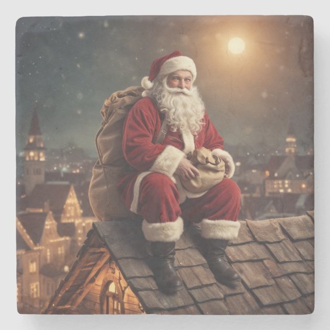Santa auf dem Dach Steinuntersetzer (Vorderseite)