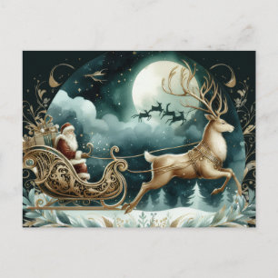 Santa auf einem Hirschschlitten Golden Postkarte