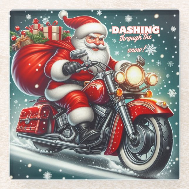 Santa auf einem Motorrad Glasuntersetzer (Vorderseite)
