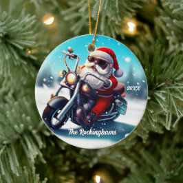 Santa auf einem Motorrad im Schnee Keramik Ornament
