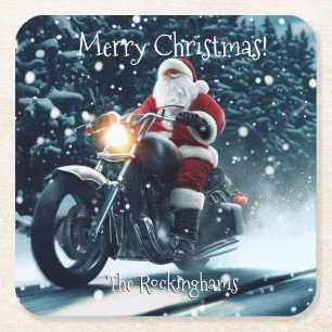 Santa auf einem Motorrad im Schnee Rechteckiger Pappuntersetzer