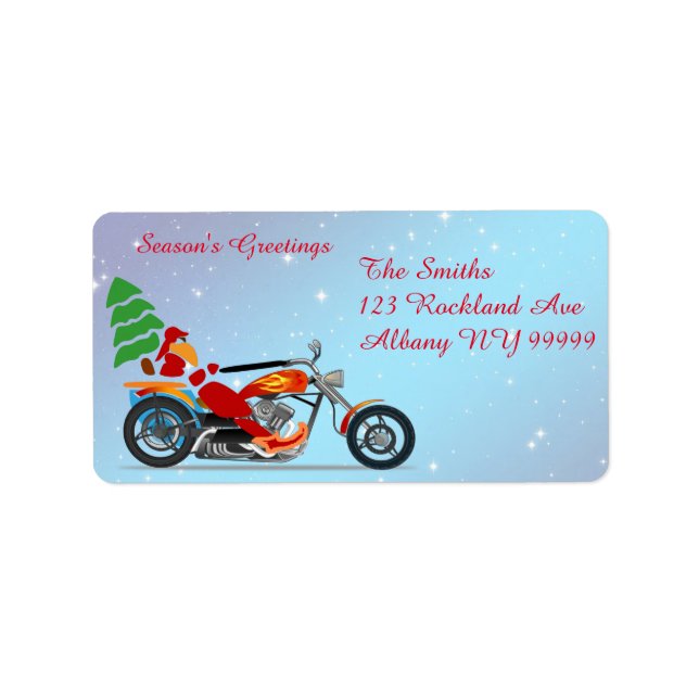 Santa auf einem Motorrad mit Baum Adressaufkleber (Vorne)