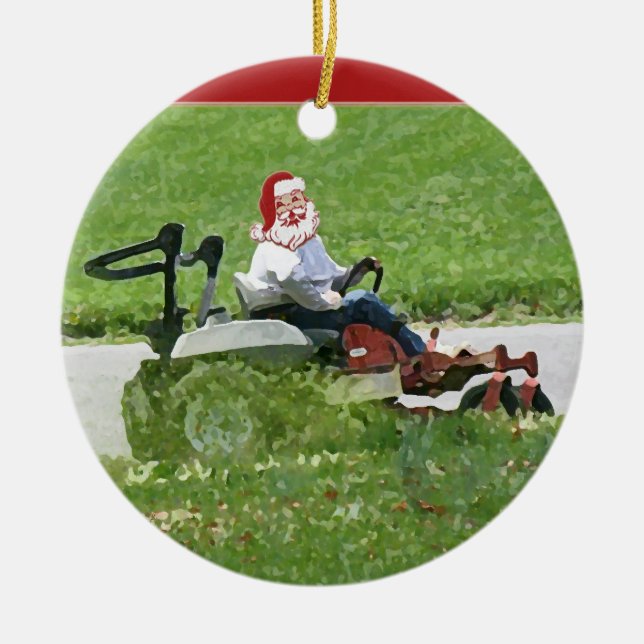 Santa auf einem Rasen Rasenmäher Landschaftsbild Keramikornament (Vorne)