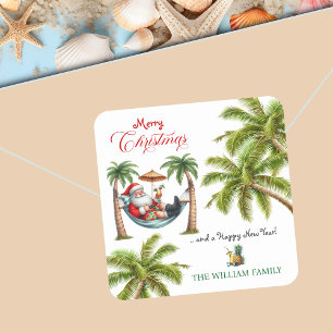 Santa auf einem tropischen Insel-Weihnachten Quadratischer Aufkleber