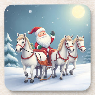 Santa auf einem von weißen Pferden gezogenen Schli Getränkeuntersetzer
