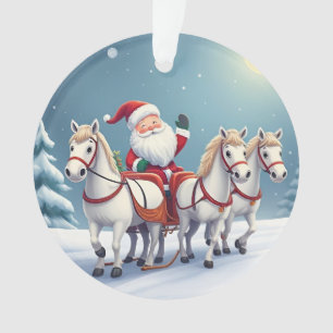 Santa auf einem von weißen Pferden gezogenen Schli Ornament