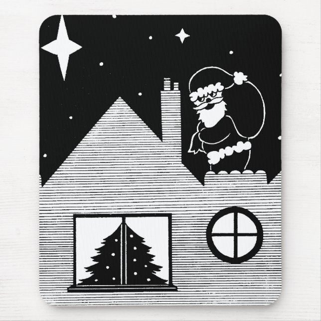 Santa auf schneebedecktem Dach Schwarz-weiß Weihna Mousepad (Vorne)