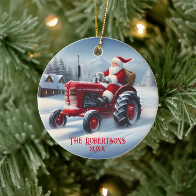 Santa Autofahren eines roten Traktors Keramik Ornament (Baum)