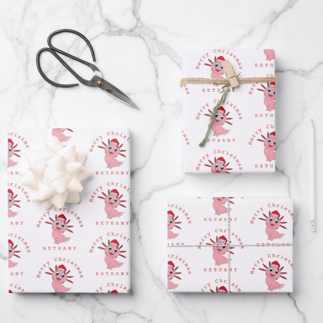 Santa Axolotl Niedliches Muster Name Frohe Weihnac Geschenkpapier Set (Vorderseite)