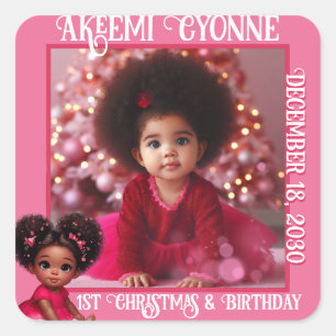 Santa Baby Afro Puff Säugling Foto Quadratischer Aufkleber