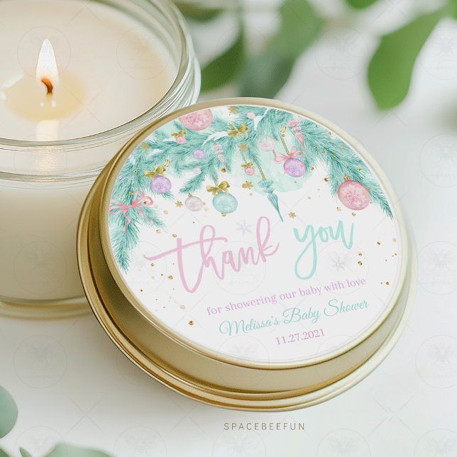 Santa Baby Baby Dusche Runder Aufkleber (Santa Baby Baby Shower, thank you tag,baby shower invitation, sticker gift tag, holiday baby shower,)