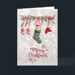 Santa Baby Bear Christmas Clothesline Bokeh Feiertagskarte<br><div class="desc">Adorable rote Weihnachtsjungfrau tragen Weihnachtskleidung auf dem Boden.</div>