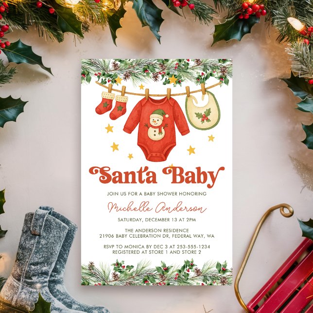 Santa Baby Christmas Clothesline Baby Shower  Einladung (Santa Baby Red Christmas Clothesline Baby Shower Invitation
)