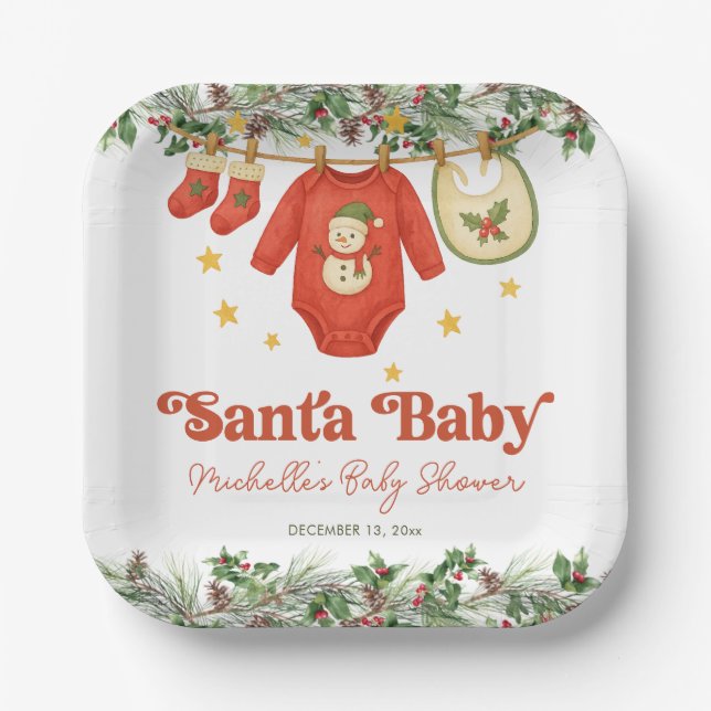 Santa Baby Christmas Clothesline Baby Shower Pappteller (Vorderseite)