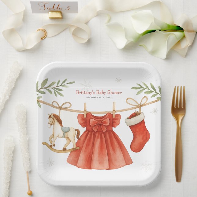 Santa Baby Christmas Clothesline Girl Baby Shower  Pappteller (Hochzeit)