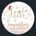 Santa Baby Christmas Girl Babydusche Runder Aufkleber<br><div class="desc">Schöne Kalligraphie mit Schneeflocken,  winterbezogener Babyduschaufkleber. Einfach mit Ihren Daten personalisieren. Karo der Auflistung,  um passende Elemente als Gehäusekarten zu finden.</div>