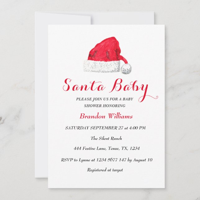 Santa Baby Dezember Winter Red Baby Dusche Einladung (Vorderseite)