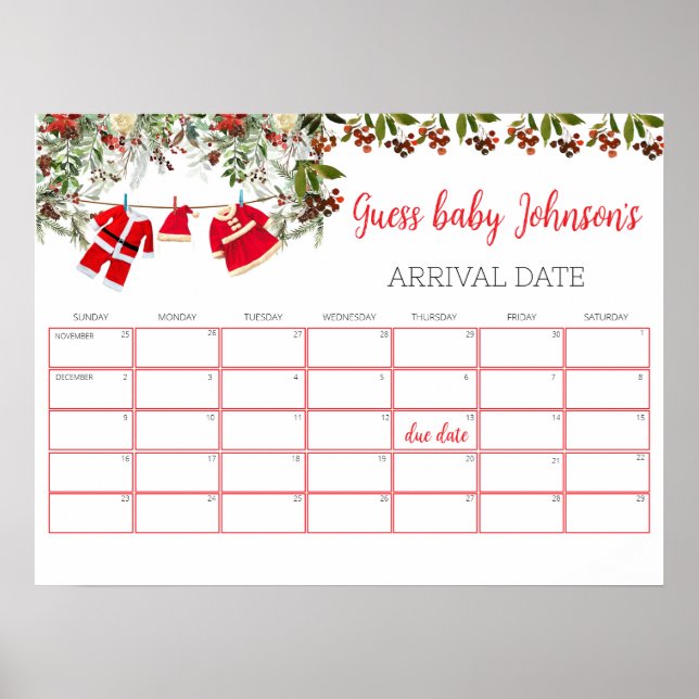 Santa Baby Dusche Baby Due Date Kalender Spiel Poster (Vorne)