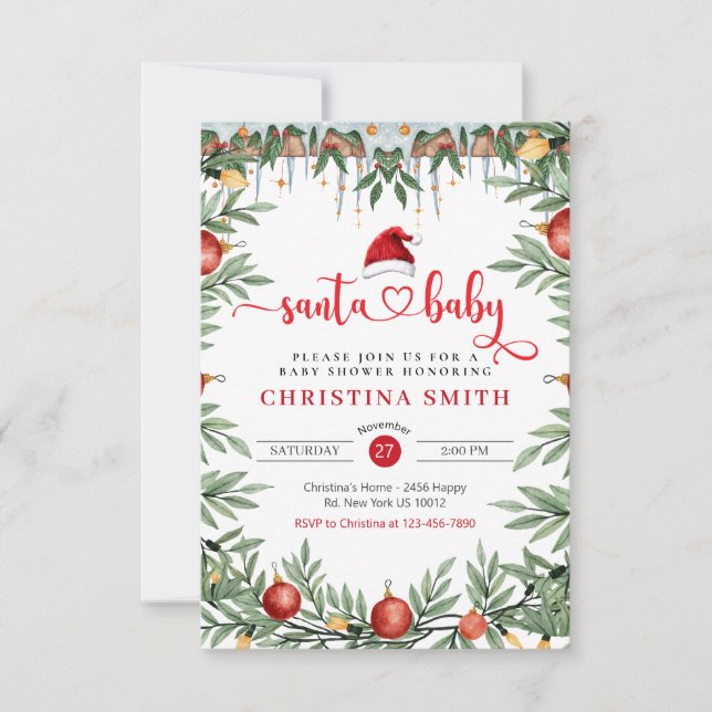 Santa Baby Dusche Wasserfarbe Winter Baby Dusche Einladung (Vorderseite)