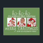 Santa Baby First Christmas Drei Fotos Postkarte<br><div class="desc">Wählen Sie drei Ihrer Lieblingsfotos aus, um diese Postkartenvorlage für das Christpas-Foto einzufügen. Ich wählte Grün, weil es sowohl für einen Jungen als auch für ein Mädchen funktioniert. Es sieht auch gut aus, wenn Sie Ihr Baby für Urlaubsfotos in rot anziehen. Helle und gemütliche moderne Schriftart laden zum ersten Geburtstag...</div>