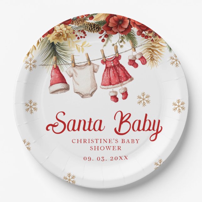 Santa Baby Holiday Winter Christmas Baby Shower Pappteller (Vorderseite)
