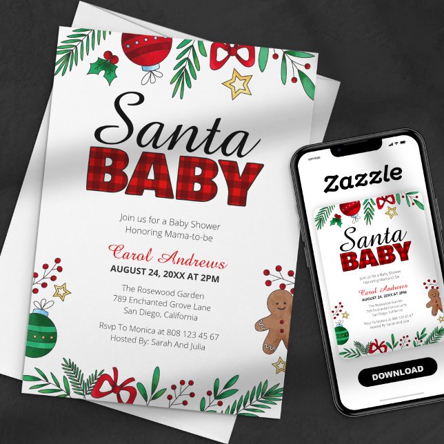 Santa Baby Kariert Botanische Weihnachtsdusche Einladung (Von Creator hochgeladen)