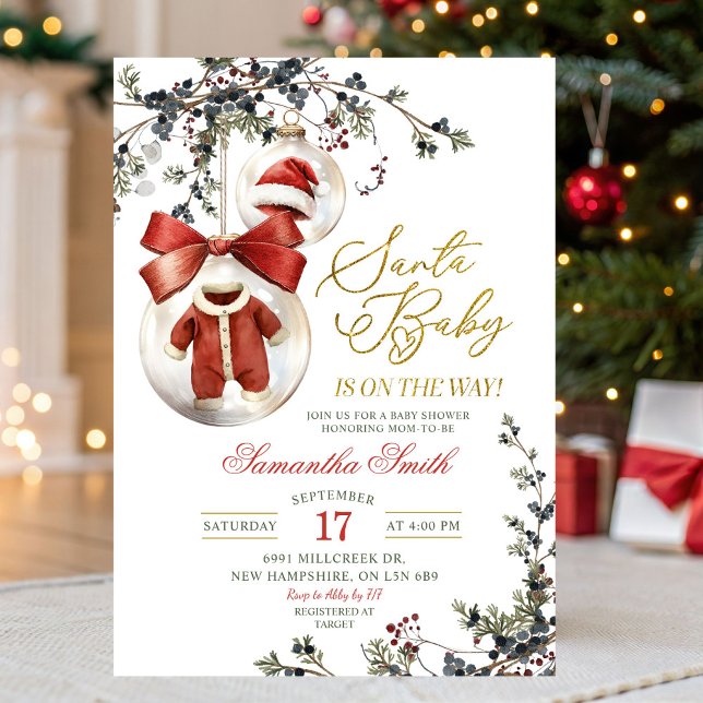 Santa Baby Minimalist Winter Baubles Baby Shower Einladung (Von Creator hochgeladen)