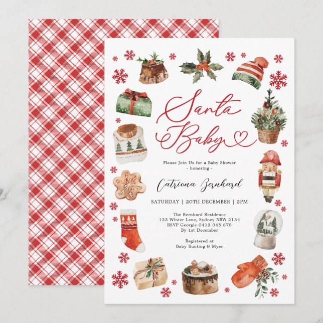 Santa Baby - Moderne Weihnachts-Winter-Babydusche Einladung (Vorne/Hinten)