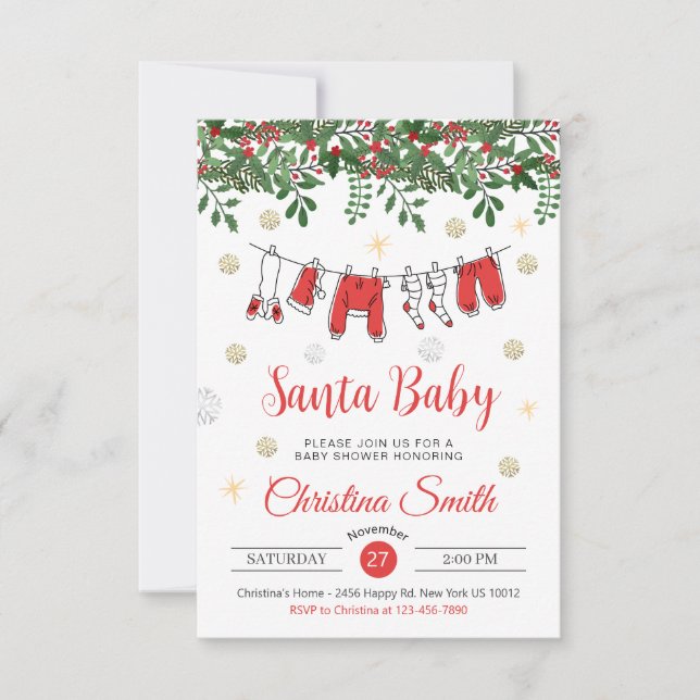 Santa Baby Niedlich Gold Schneeflocken Winterbaby  Einladung (Vorderseite)